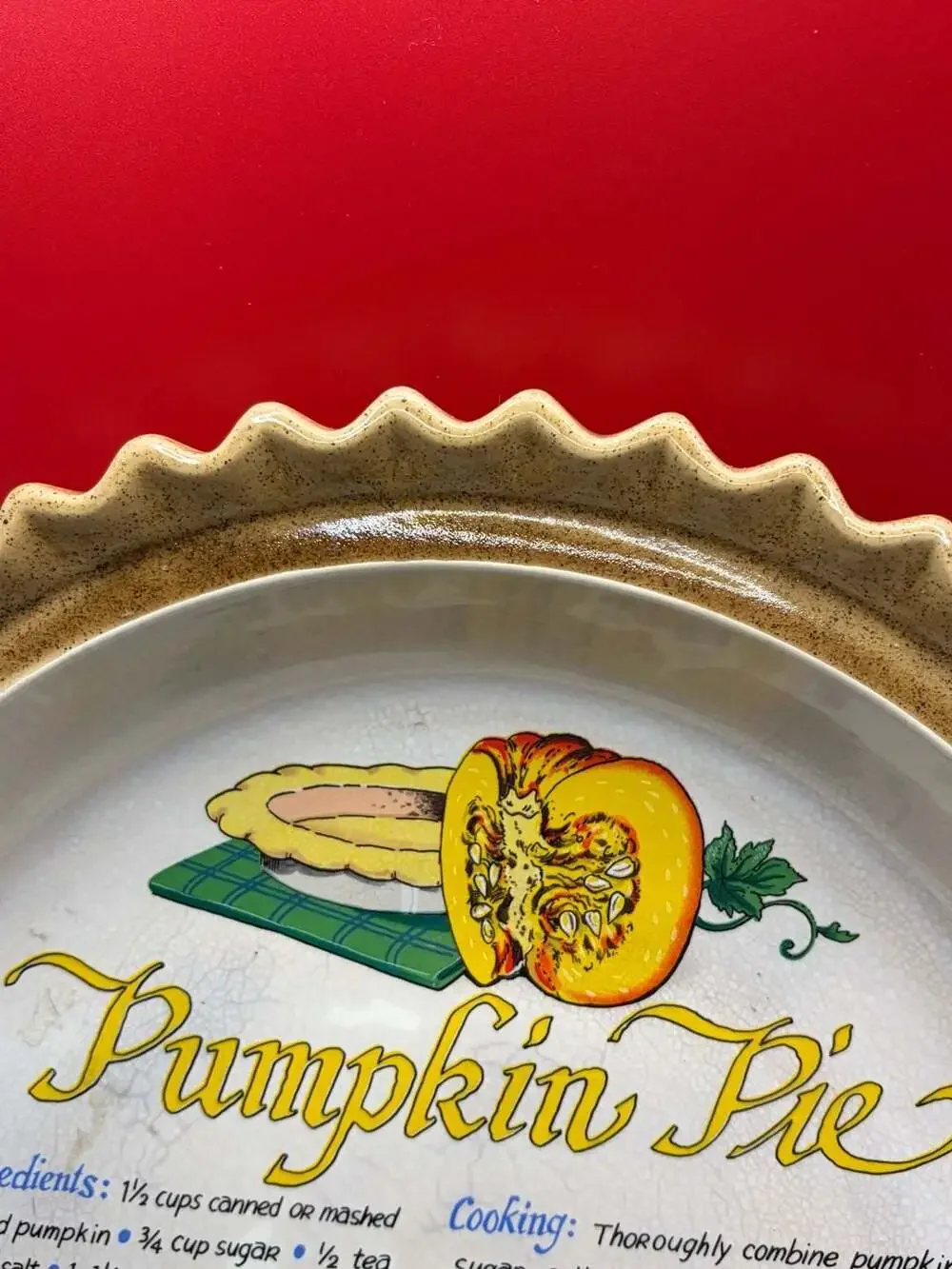 Vintage Pumpkin Pie Recipe Ceramic Baking Pie Plate Pan